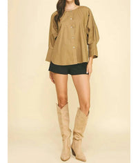 PINCH Chloe Button Down Top in khaki - women's long sleeve top - view 5