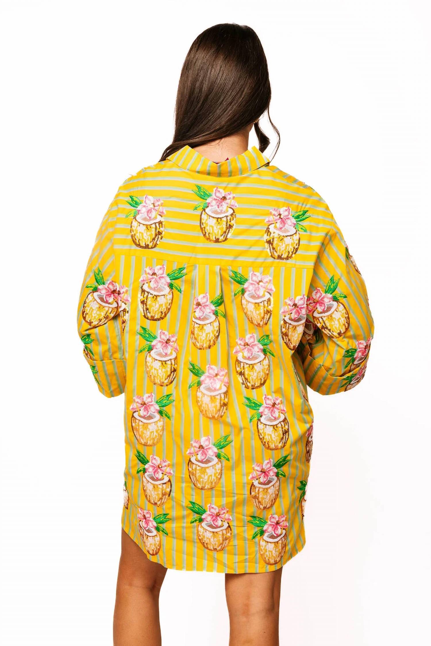Queen Of Sparkles - Striped Coconut Drink Button Up Cotton Tunic