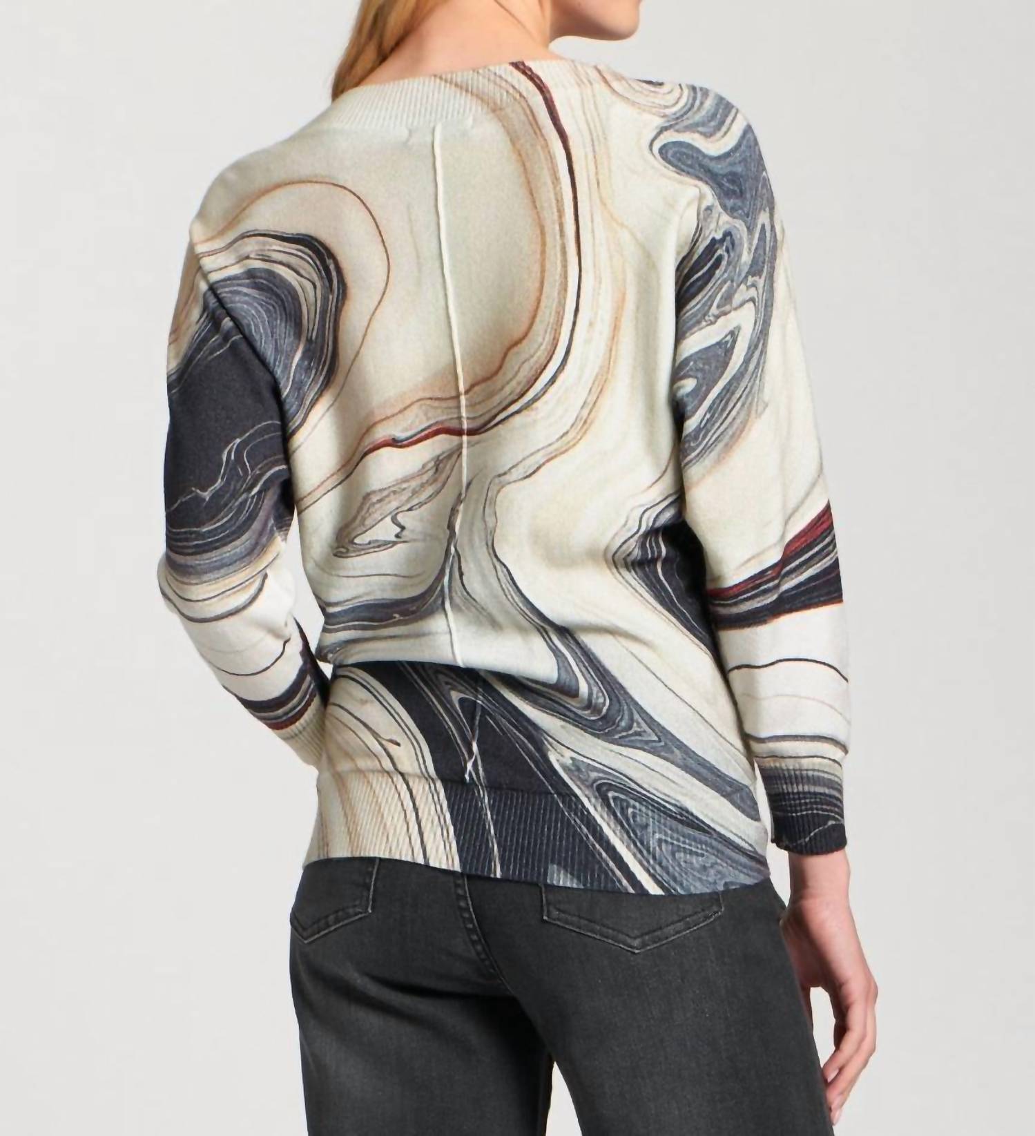 APNY Sunset Marble Printed V-neck Pullover Top in grey - women's long sleeve top - detail view