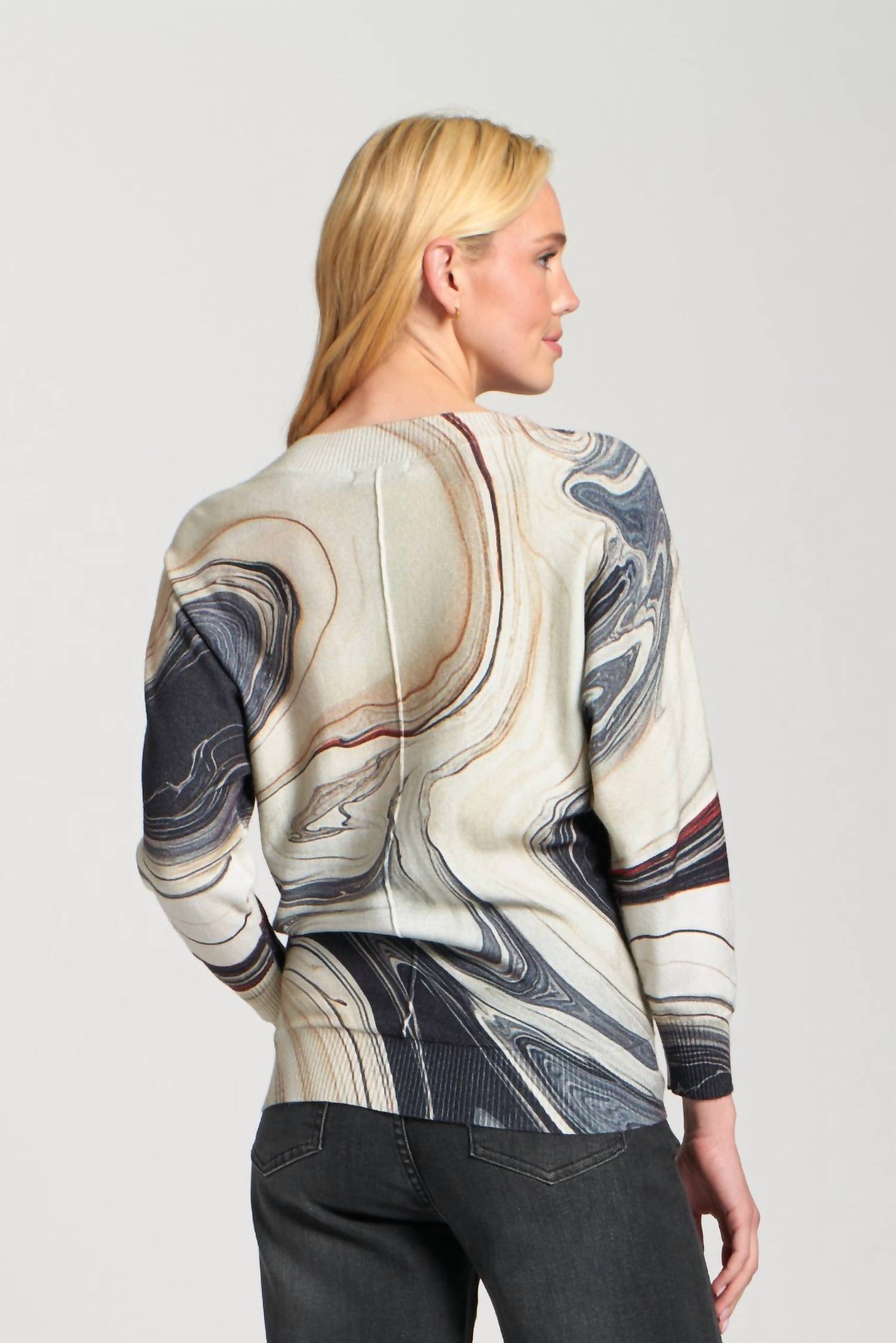 APNY Sunset Marble Printed V-neck Pullover Top in grey - women's long sleeve top - alternate view