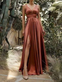 Cinderella Divine - Satin V-neck Dress With Slit