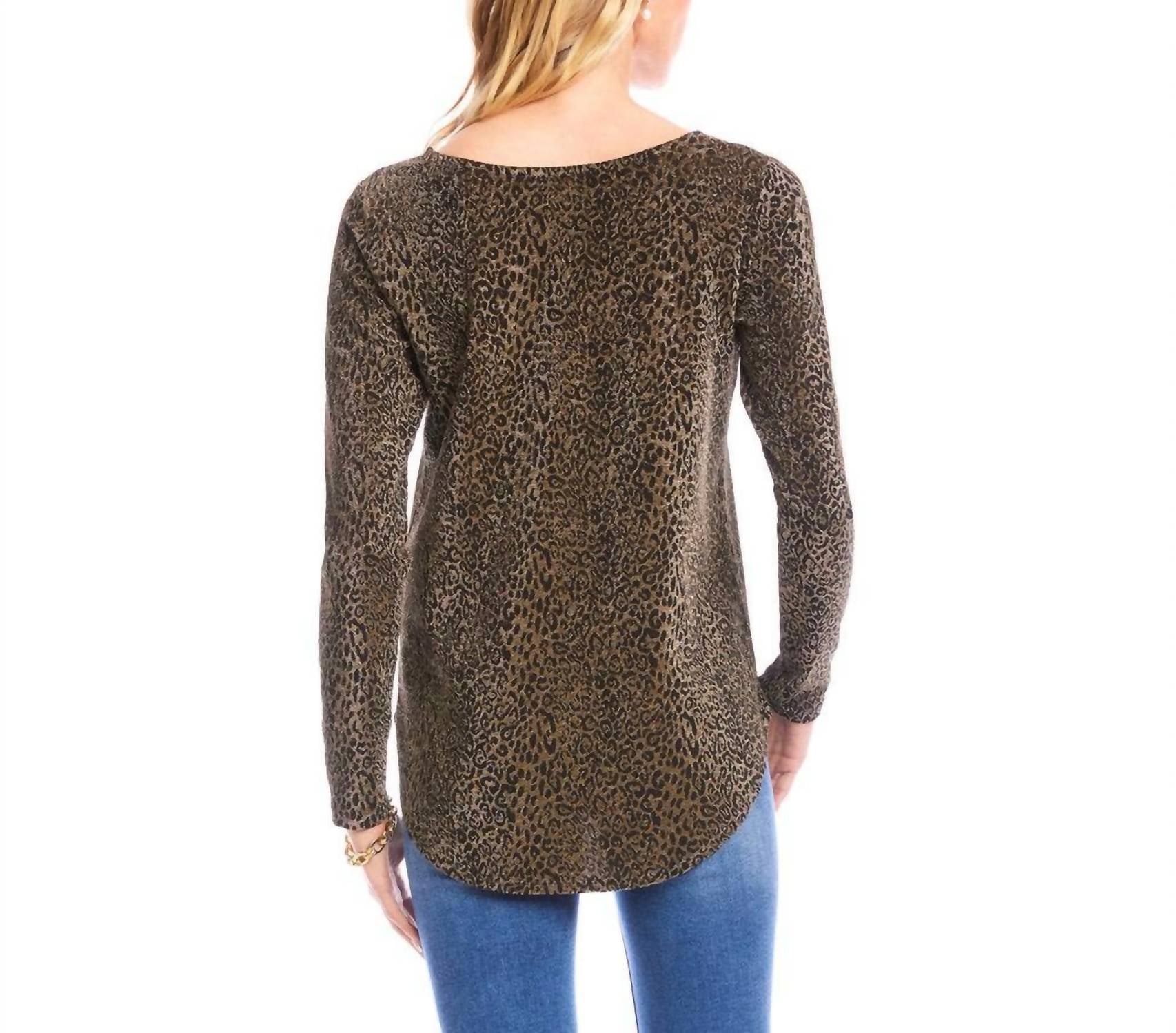Karen Kane Long Sleeve Metallic Knit Shirttail Top - Petite in leopard - women's long sleeve top - alternate view