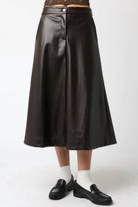 OLIVACEOUS Vegan Leather Midi Skirt in chocolate - women's skirt
