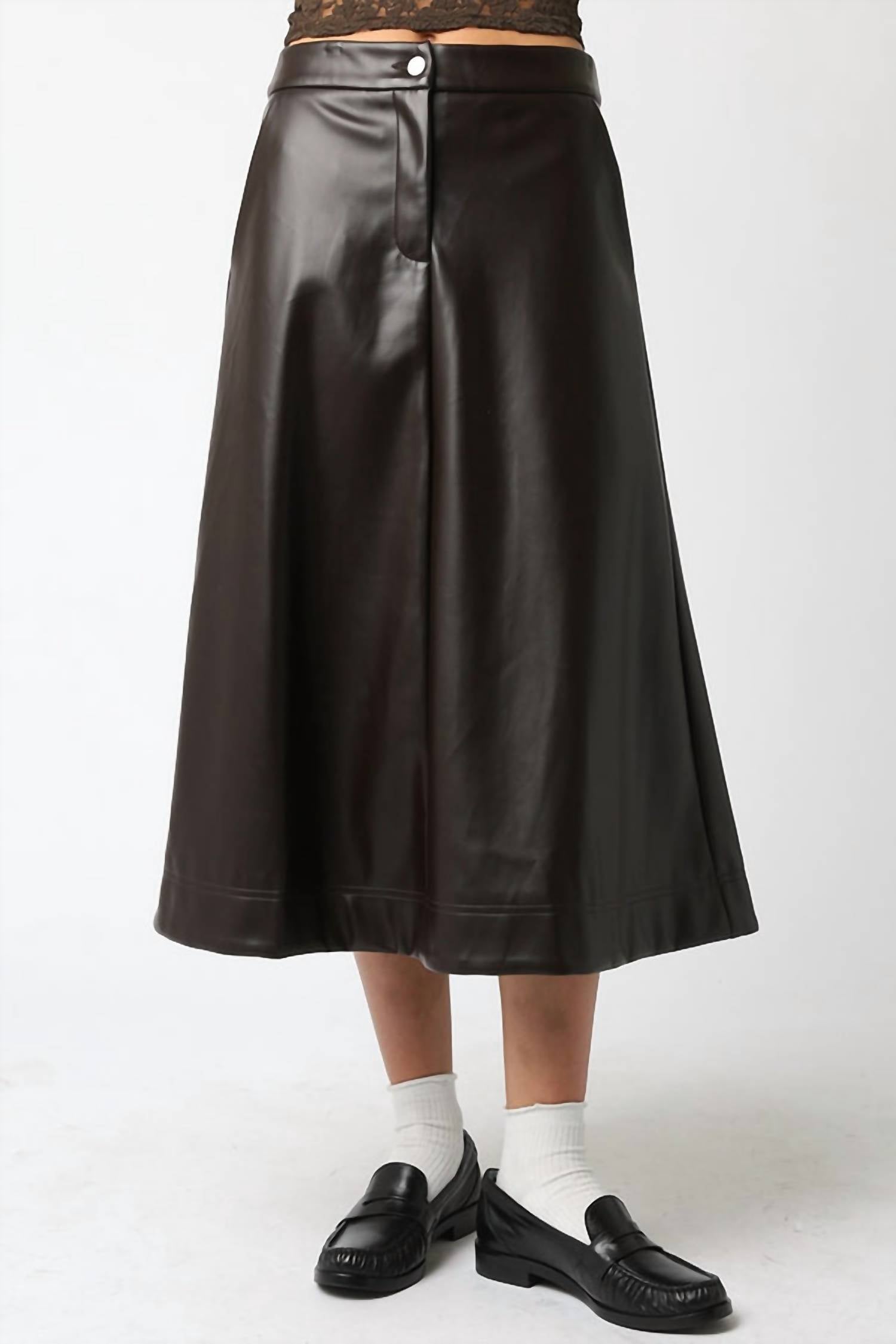 OLIVACEOUS Vegan Leather Midi Skirt in chocolate - women's skirt