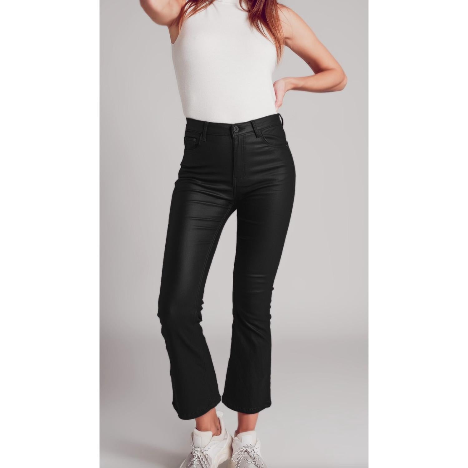 Q2 Stretch Faux Leather Flared Pants in black - women's pants