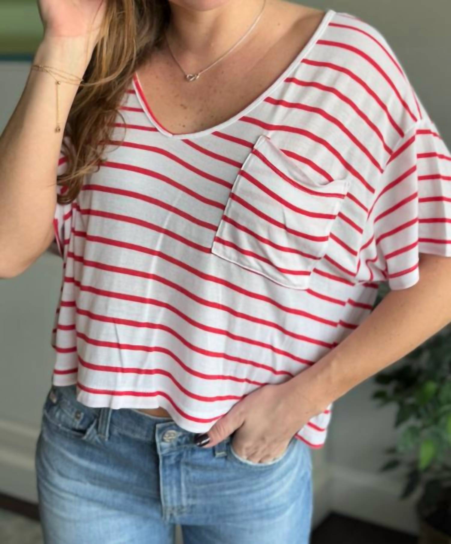 Sundry - Crop V-neck Stripe Tee