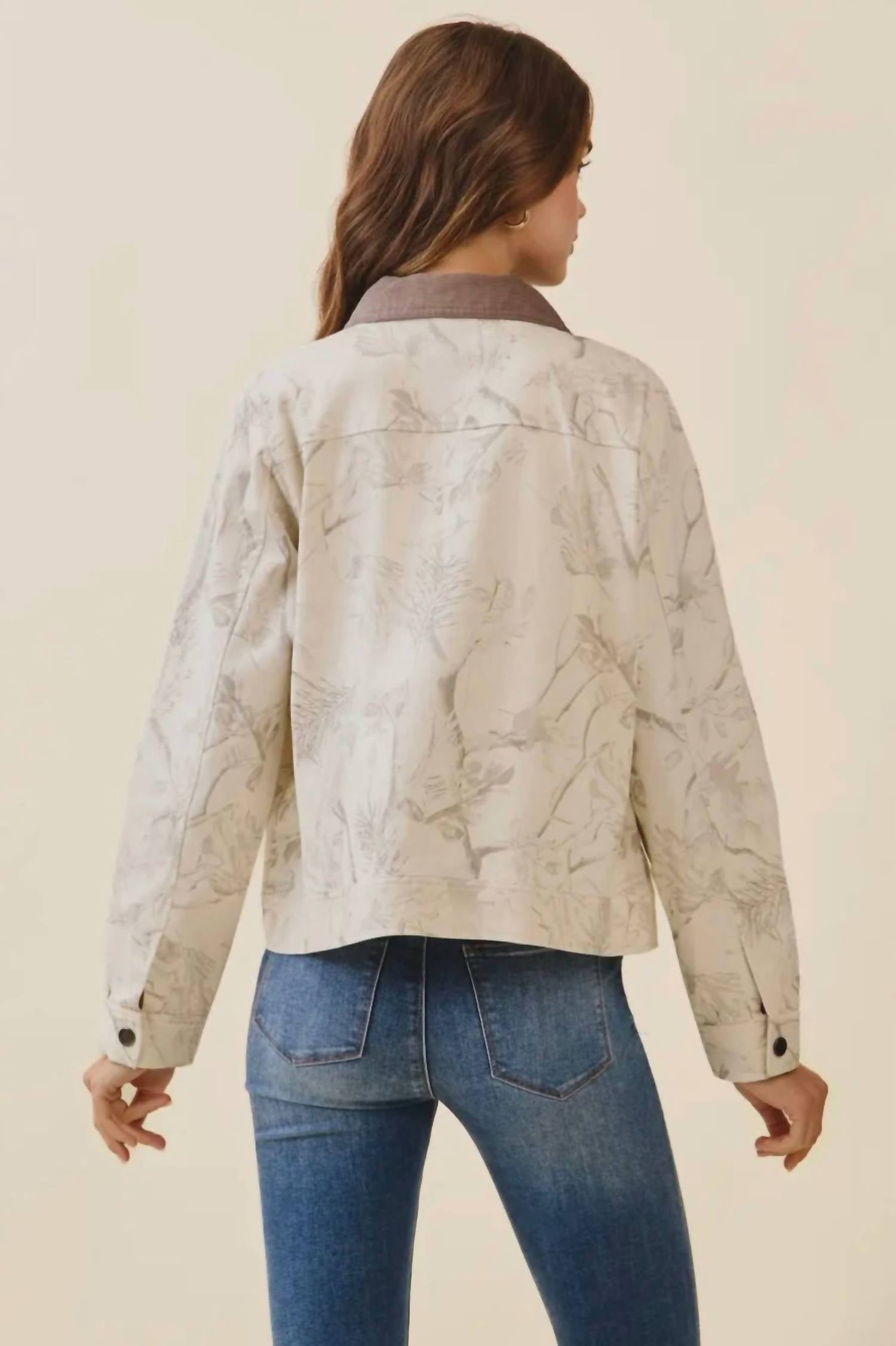 Tcec - Floral Print Corduroy Detail Jacket