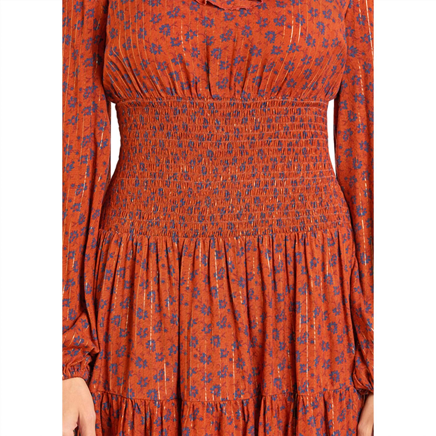 Rock & Roll Denim Smocked Bodice Mini Dress in rust - women's dress - alternate view