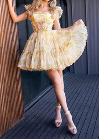Rachel Allan Square Fitted Homecoming Dress in yellow print - women's dress
