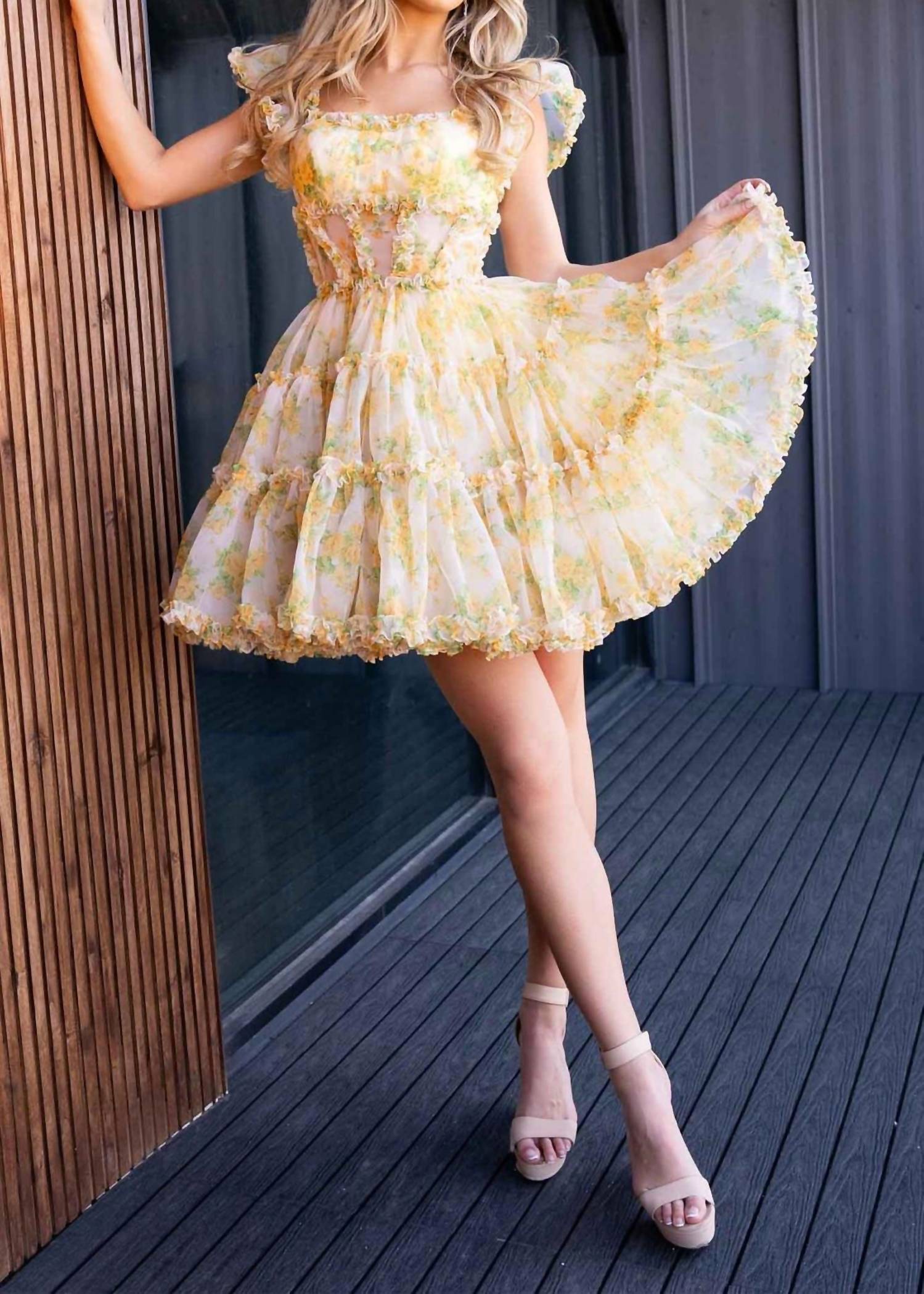 Rachel Allan Square Fitted Homecoming Dress in yellow print - women's dress