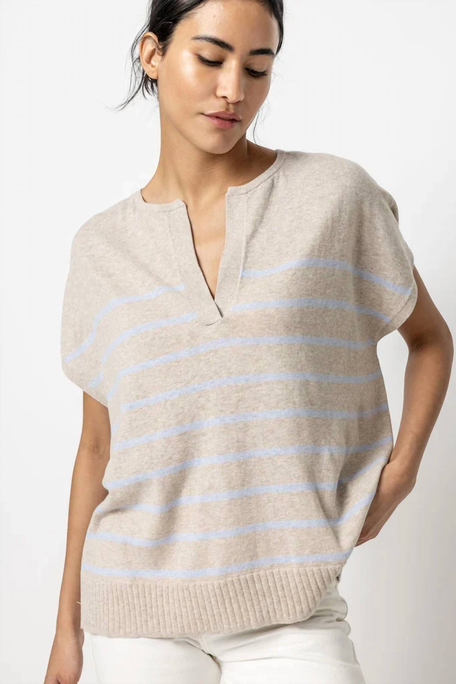 Lilla P - Striped Split Neck Tunic Sweater