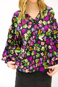 Karlie - Floral Satin Button Puff Sleeve Top