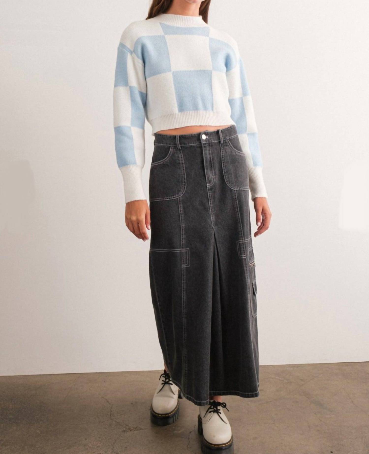 Papermoon - Denim Cargo Contrast Stitch Maxi Skirt