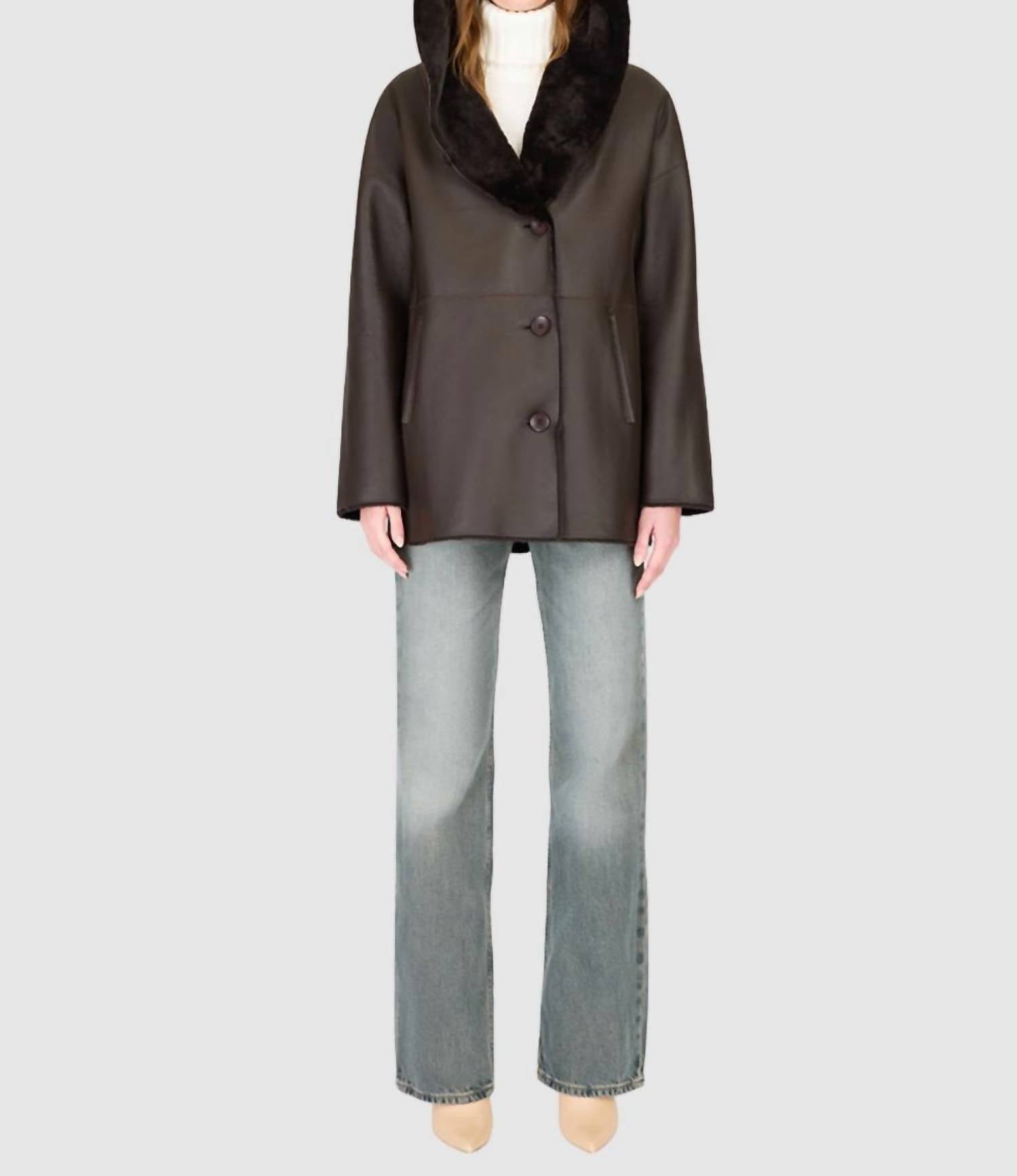 HiSO Cherez Reversible Shearling Jacket in chocolate silky - women's jacket - alternate view