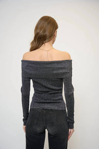 Central Park West - Collette Ribbed Lurex Off The Shoulder Sweater
