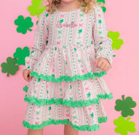 RuffleButts Clover Bows & Wishes Gauze Tiered Ruffle Dress in pink - kids' dress