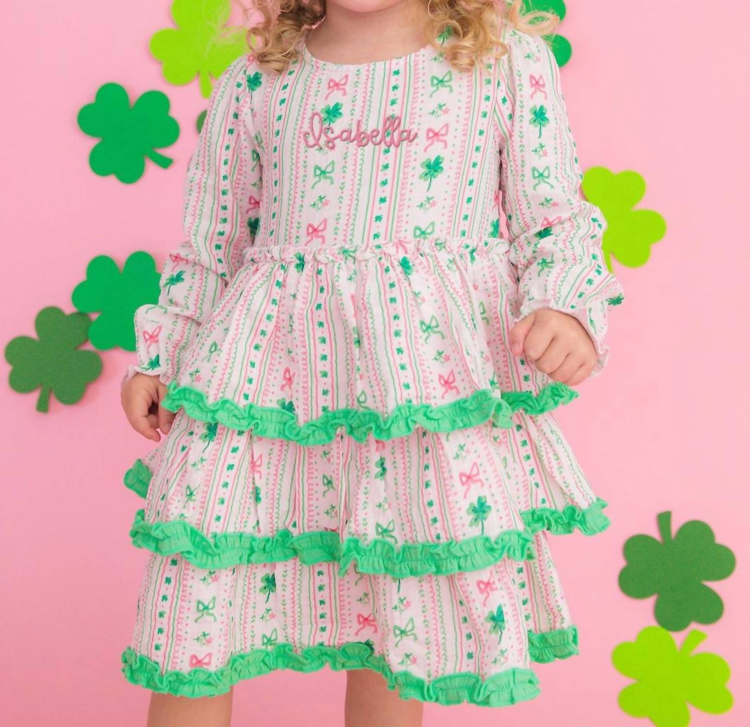 RuffleButts Clover Bows & Wishes Gauze Tiered Ruffle Dress in pink - kids' dress