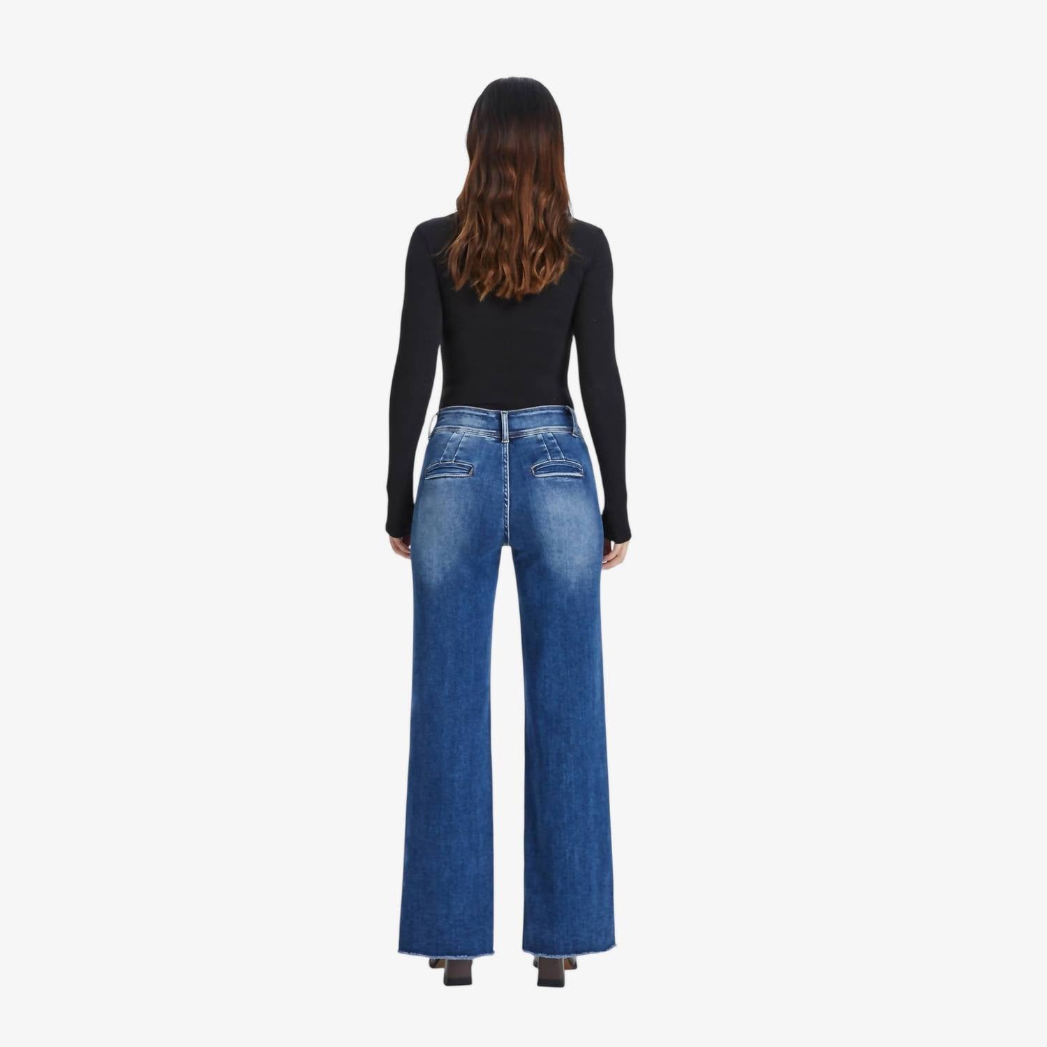 Bayeas High Rise Raw Hem Jean in medium blue - women's jeans - detail view