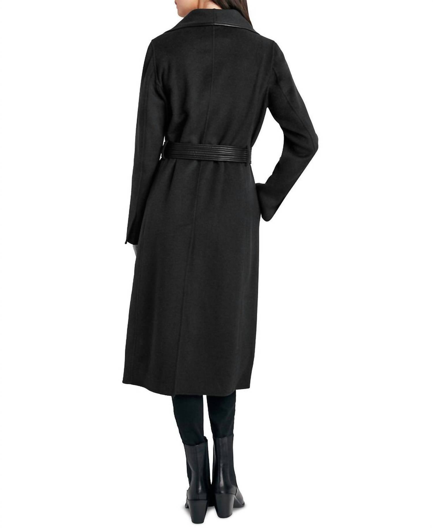 T Tahari - Juliette Double Face Faux Leather Trim Belted  Wool Coat Black