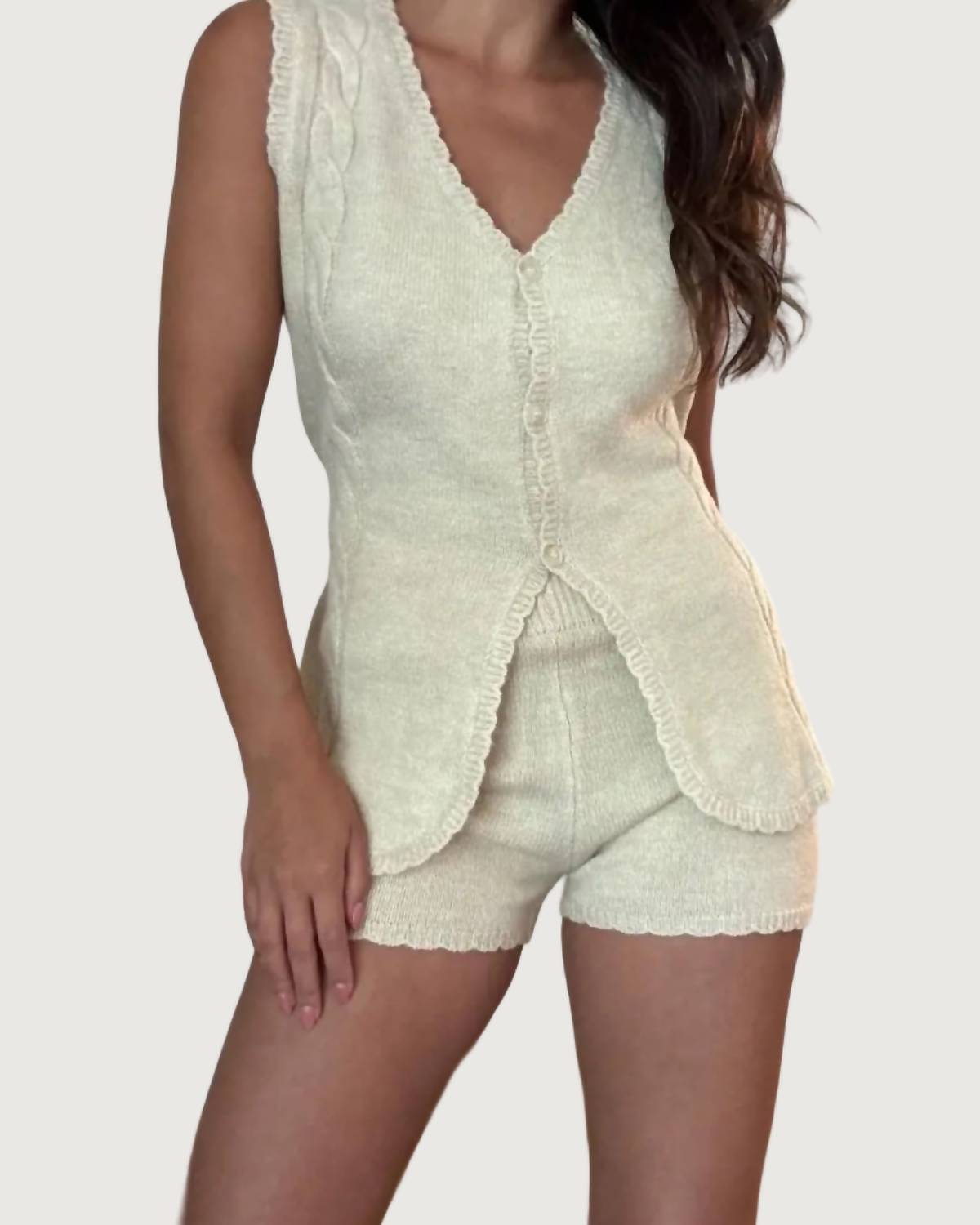 Et Clet - Knit Button Front Vest And Short Set