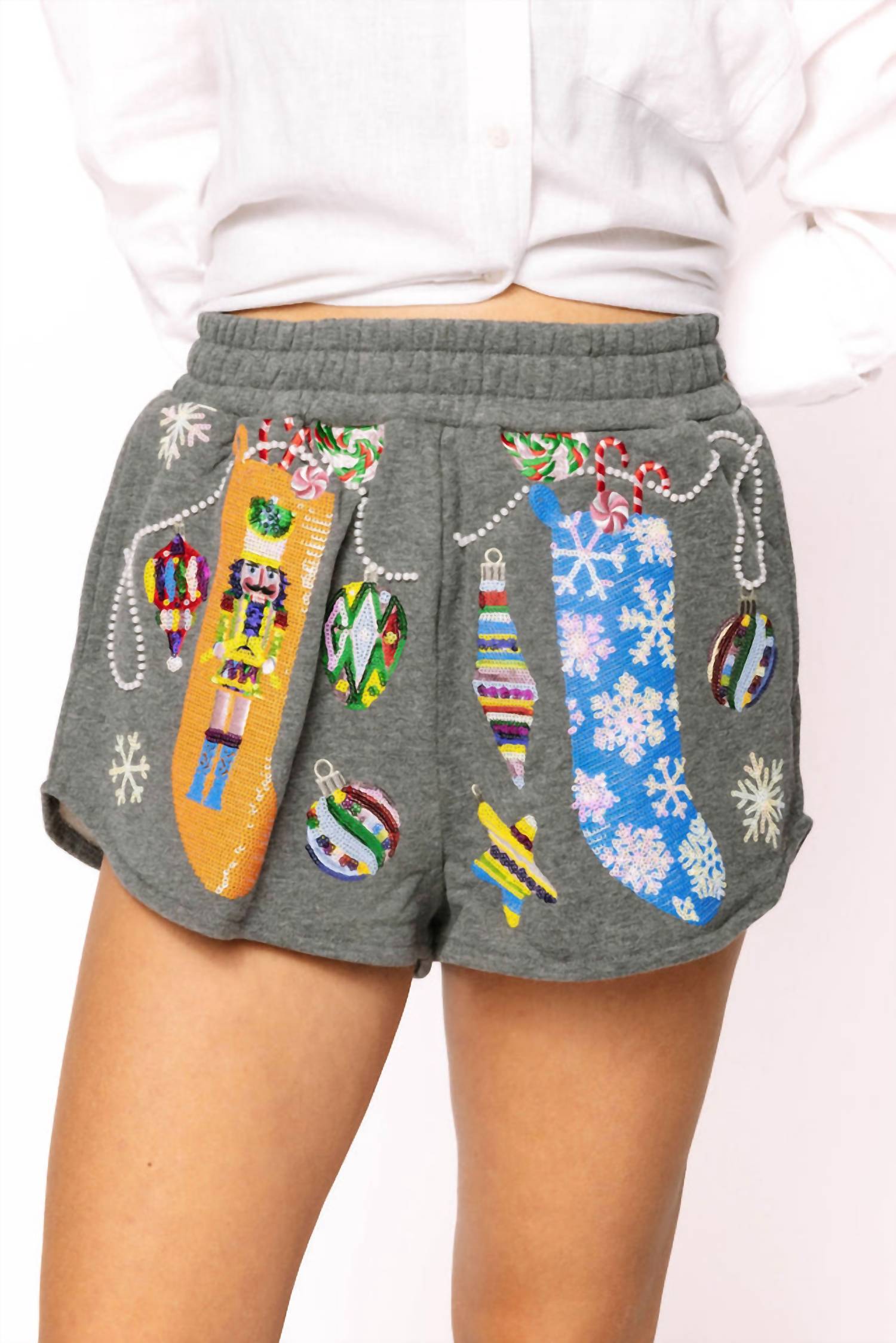 QUEEN OF SPARKLES Hanging Christmas Stocking Shorts in charcoal multi - women's shorts