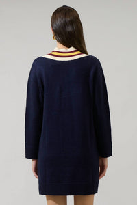 SUGARLIPS Corunna V-neck Mini Sweater Dress in navy - women's dress - detail view