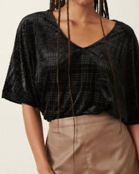 Mittoshop - Plaid Velvet Burnout V-neck Top - Plus