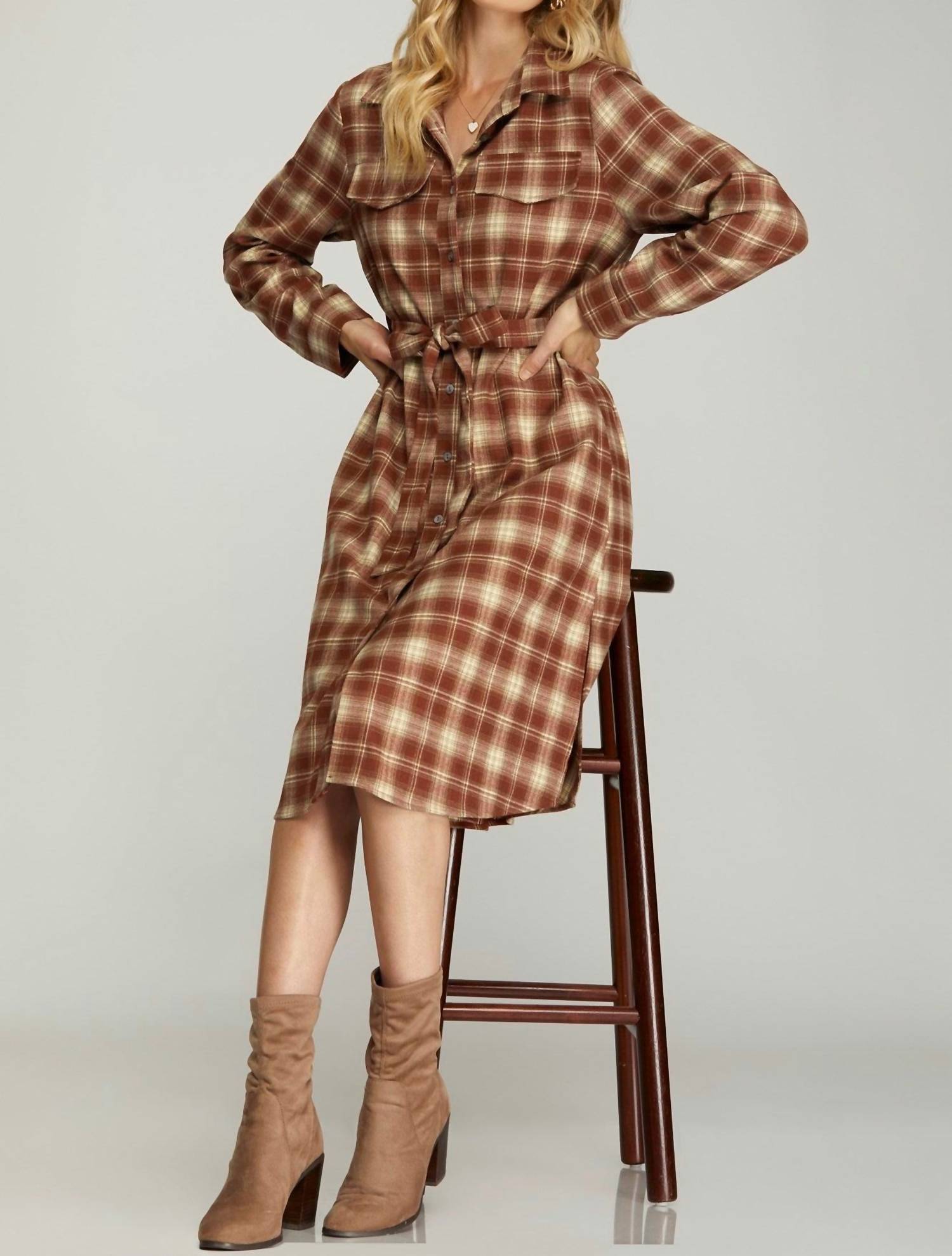 She + Sky - Plaid Shirt Dress