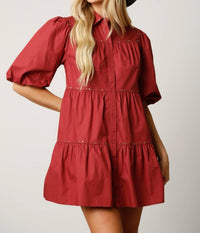 Fantastic Fawn - Marsala Puff Sleeve Tiered Shirt Dress
