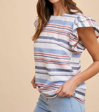 Anniewear - Stripe Ruffle Sleeve Top