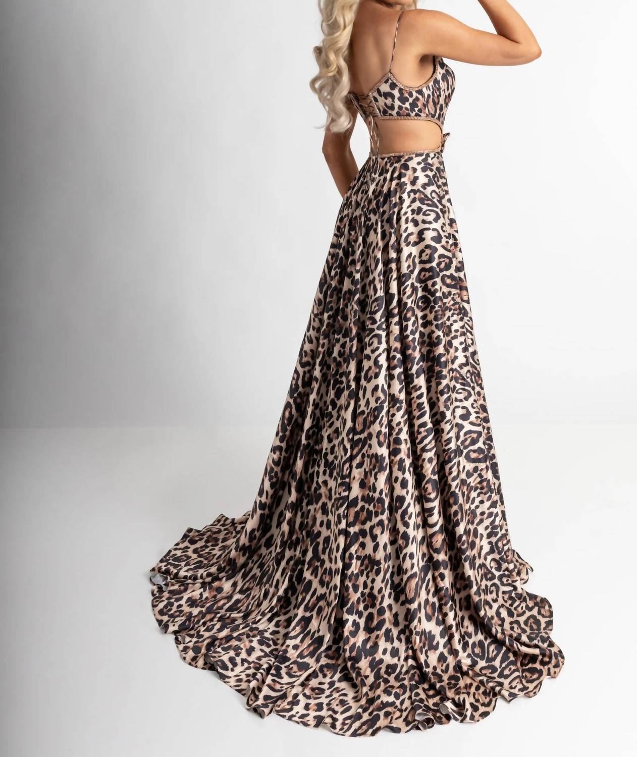Rachel Allan Cheetah Satin Dress in animal print - women's dress - detail view