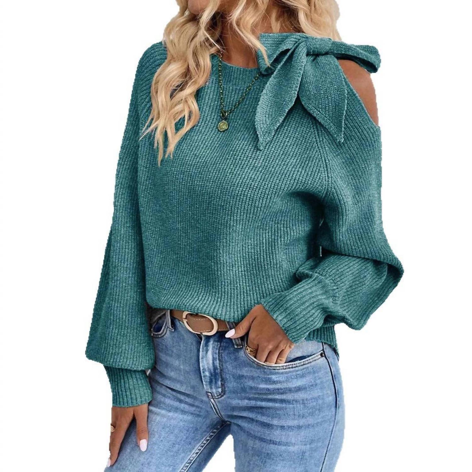 Masyal - Tabitha Bow Lantern Sleeve Knit Cardigan Sweater