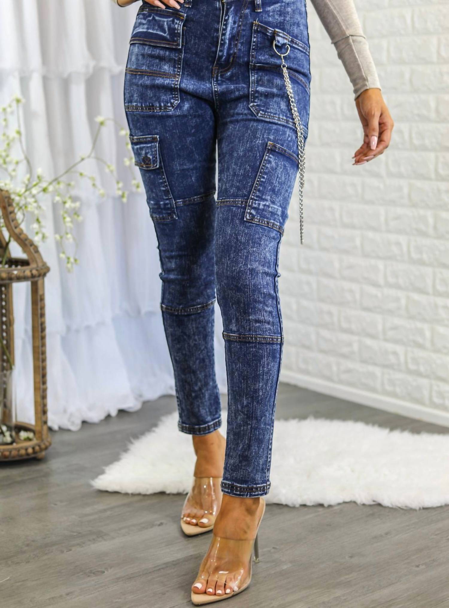 Surelymine - Women's High Waisted Cargo Style Skinny Jeans