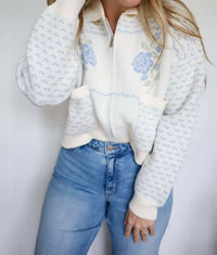 Mable - Audrey Rose Print Jacquard Knit Zip Up Cardigan Jacket