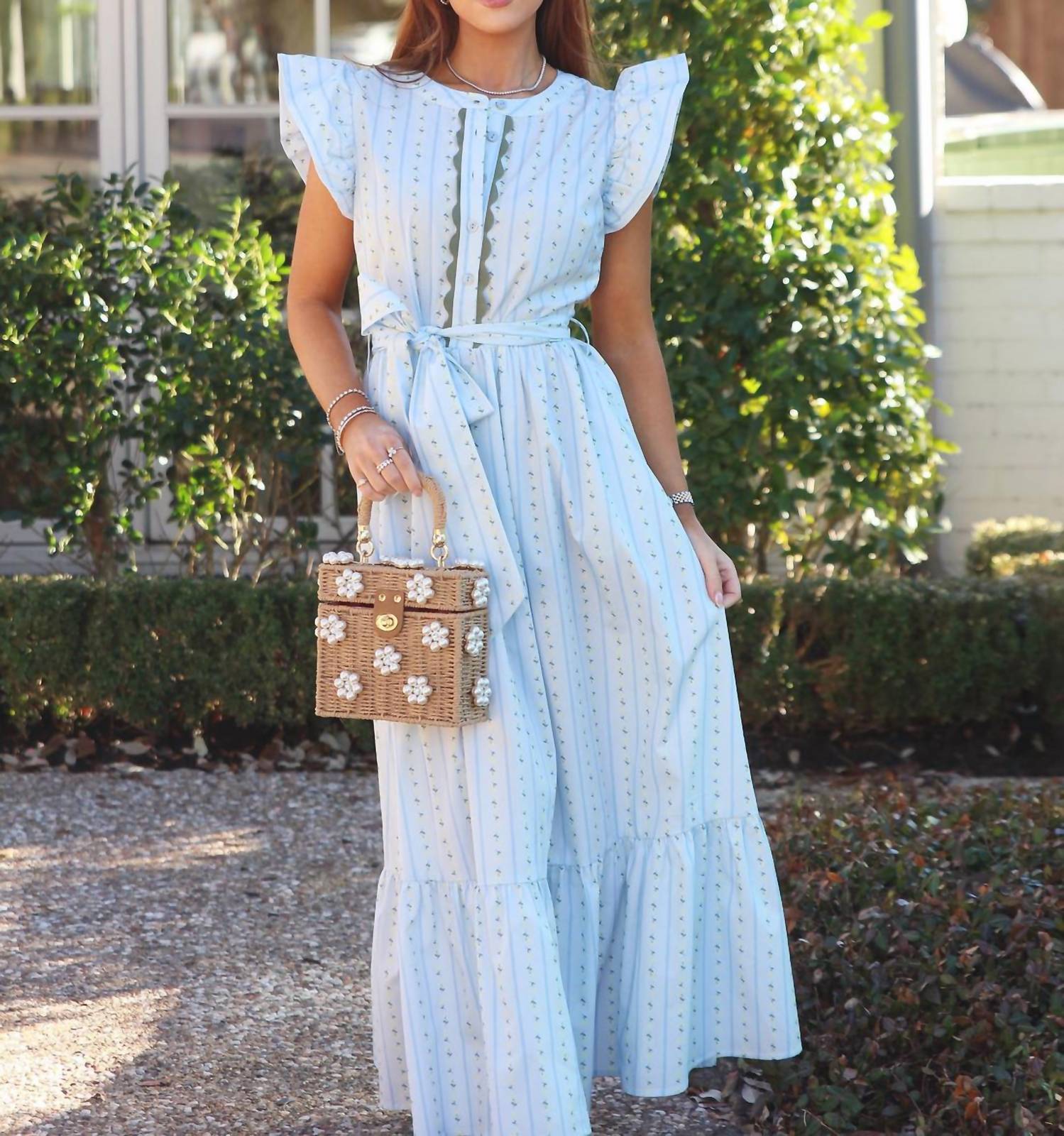 Karlie - Floral Stripe Ric Rac Trim Maxi Dress