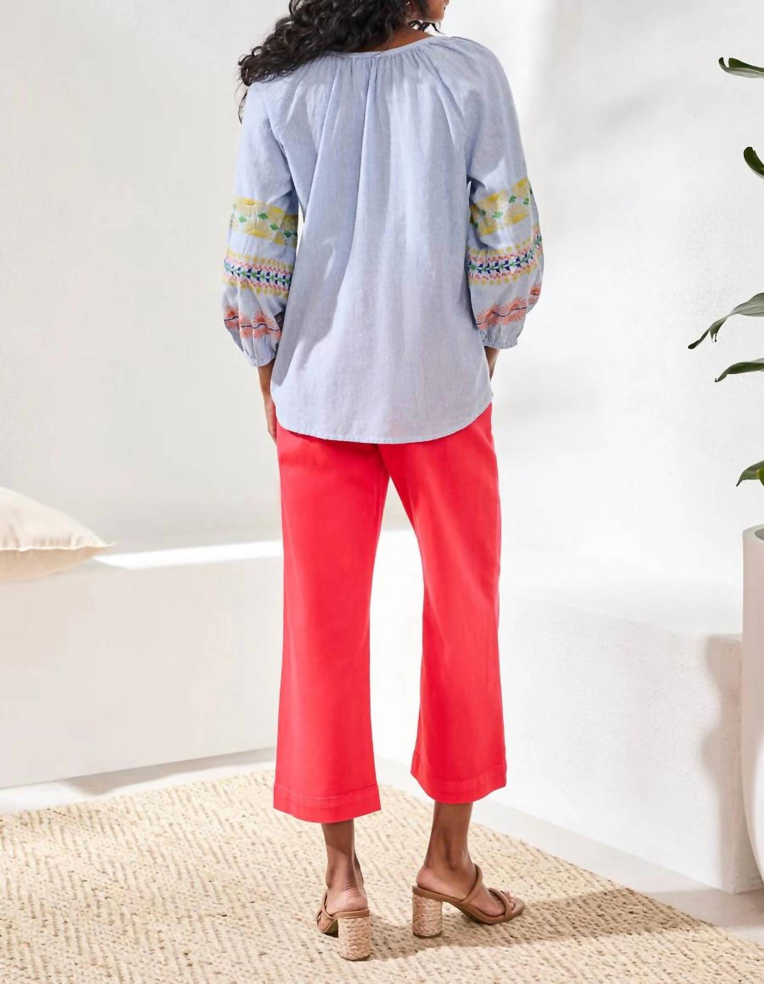 Tribal - Embroidered Balloon Sleeve Tassel Tie Notch Neck Blouse