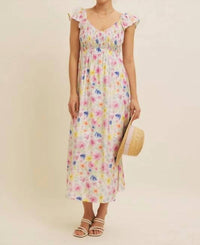 In February - Pop Of Color Floral Smocked Maxi Dress With Bow