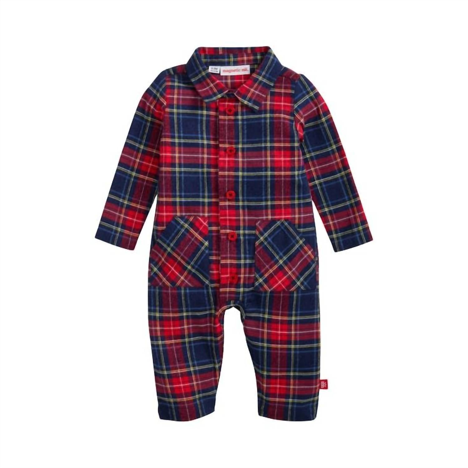 magnetic me Boy's Holiday Plaid Flannel Patch Pocket Romper in red - kids' item