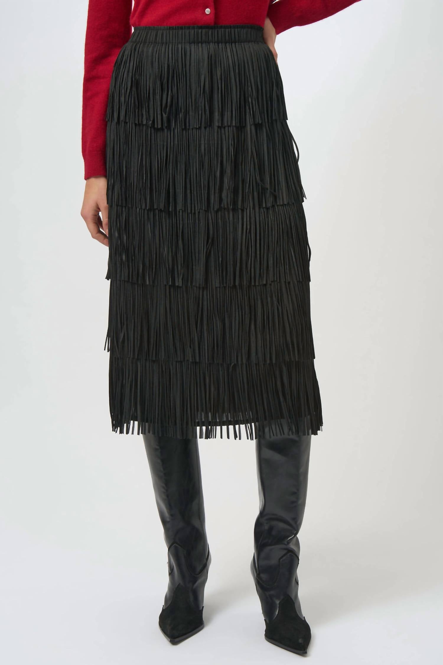 Joseph Ribkoff - Pleated Pencil Midi Skirt With Tiered Fringes
