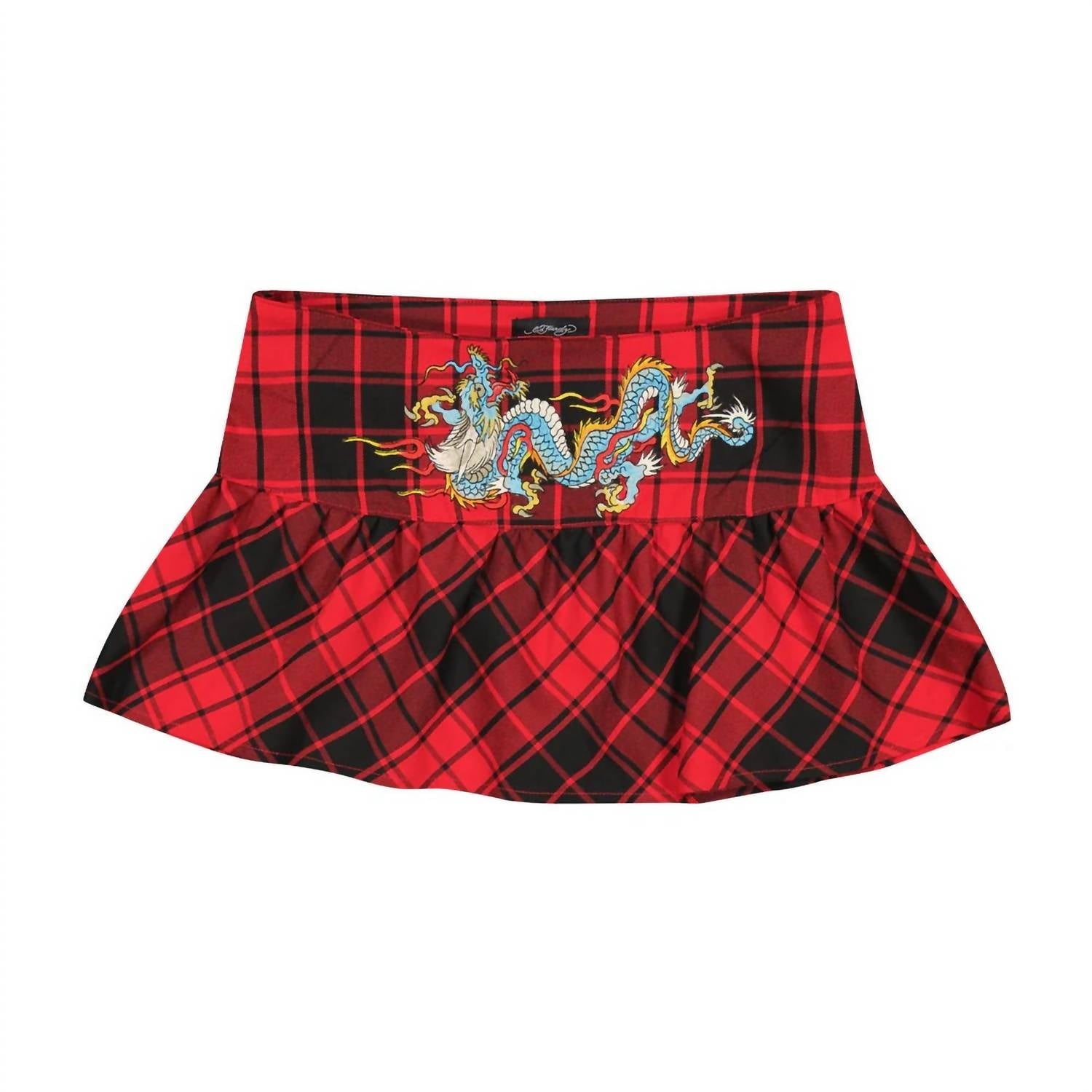 Ed Hardy - Dragon Plaid Flare Miniskirt