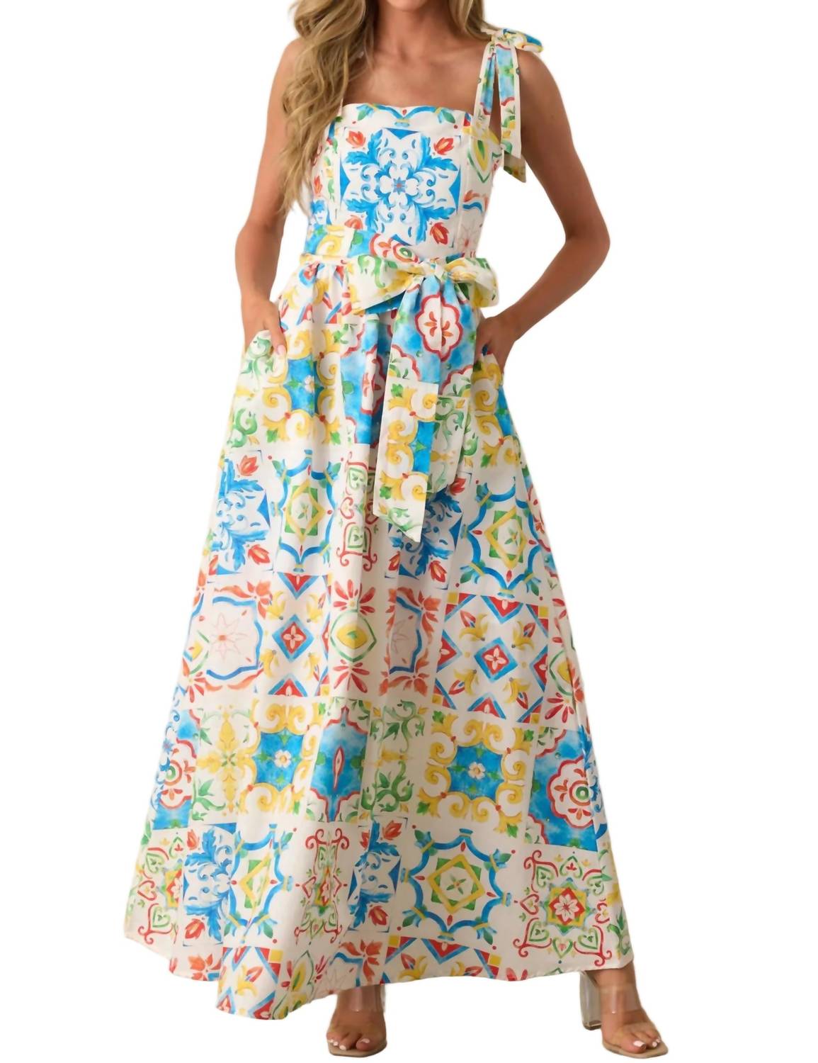 Prosperina Giovanna Maxi Dress in blue multi tile print - women's dress