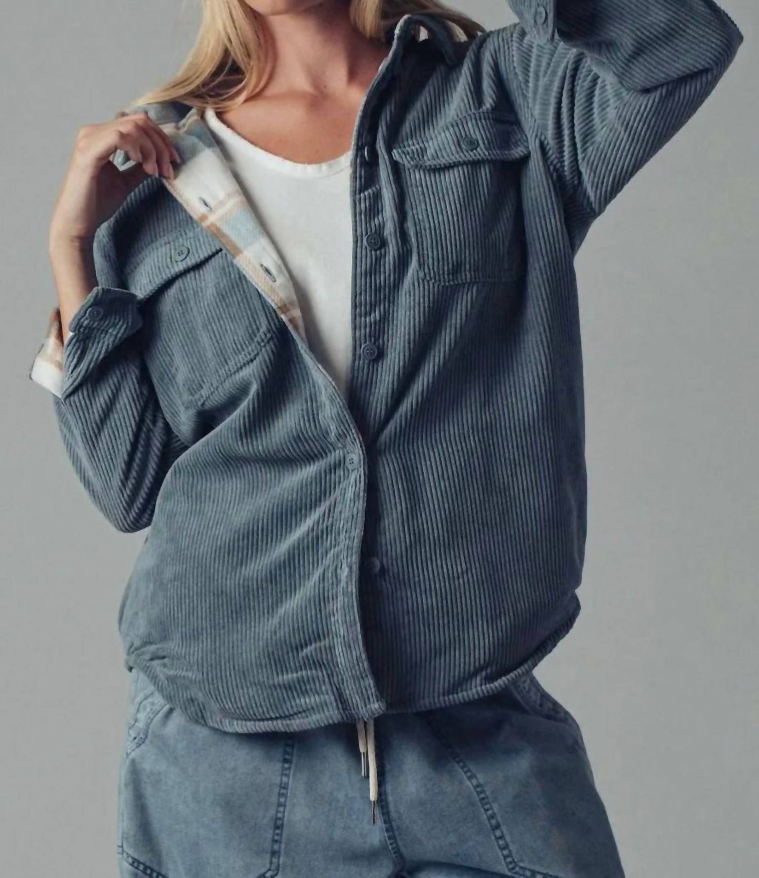 Urban Daizy - Plaid Lined Corduroy Flannel Shacket