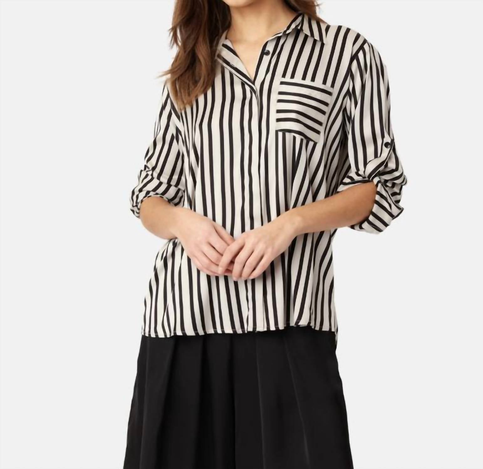 Karmamia MASON COLLARED SHIRT in black stripe - women's blouse - detail view