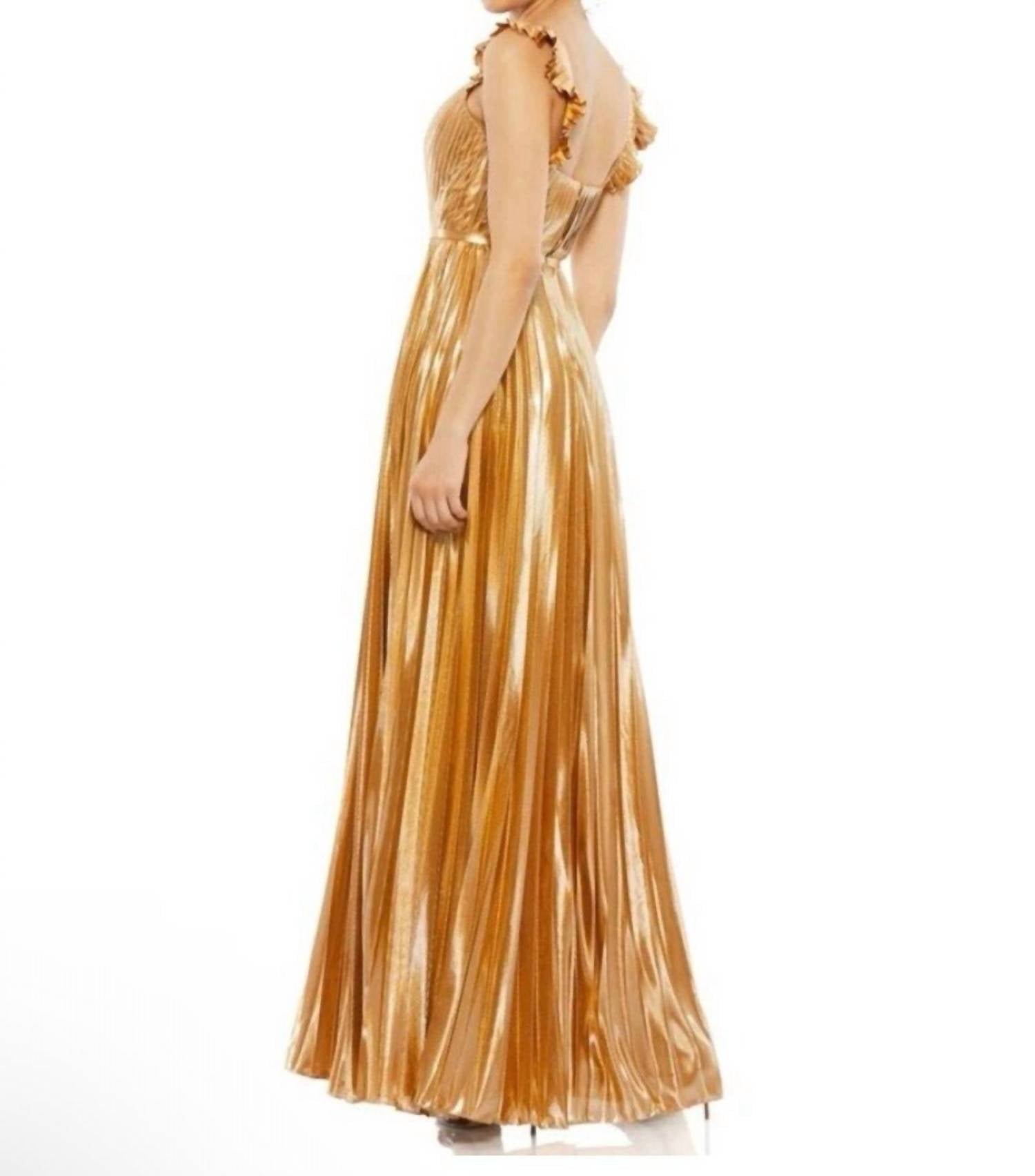 MAC DUGGAL Ieena Pleated Ruffled Sleeveless Gown in gold - women's dress - detail view