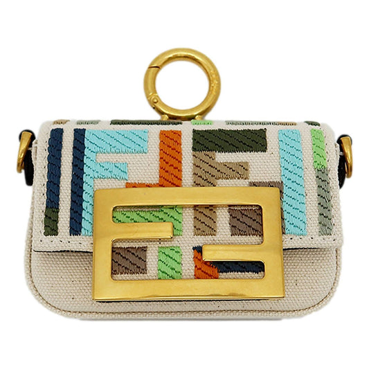 Fendi - Women's Canvas Ff Embroidery Nano Baguette Charm