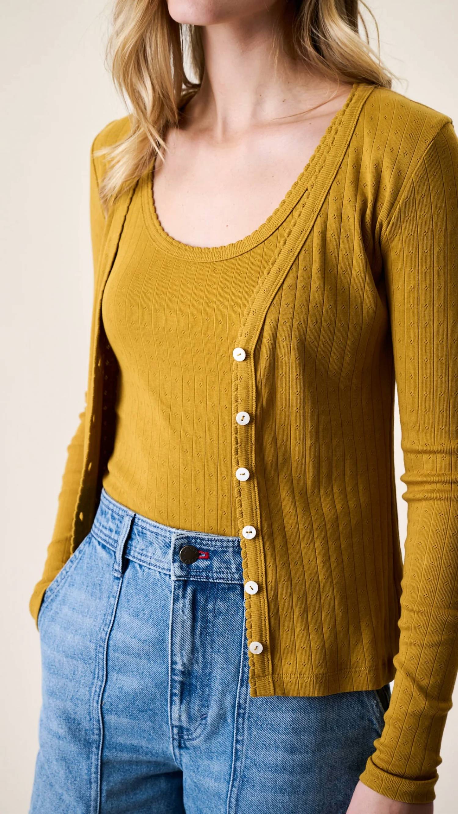 Marea Pointelle Cardigan in chartreuse - women's cardigan - view 4