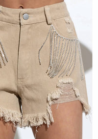 Blue B - Distressed Frayed Detail Fringe Rhinestone Denim Shorts