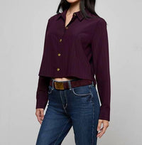 L'Agence Cosette Crop Hi Low Triped Shirt in dark malbec pinstripe - women's shirt - alternate view