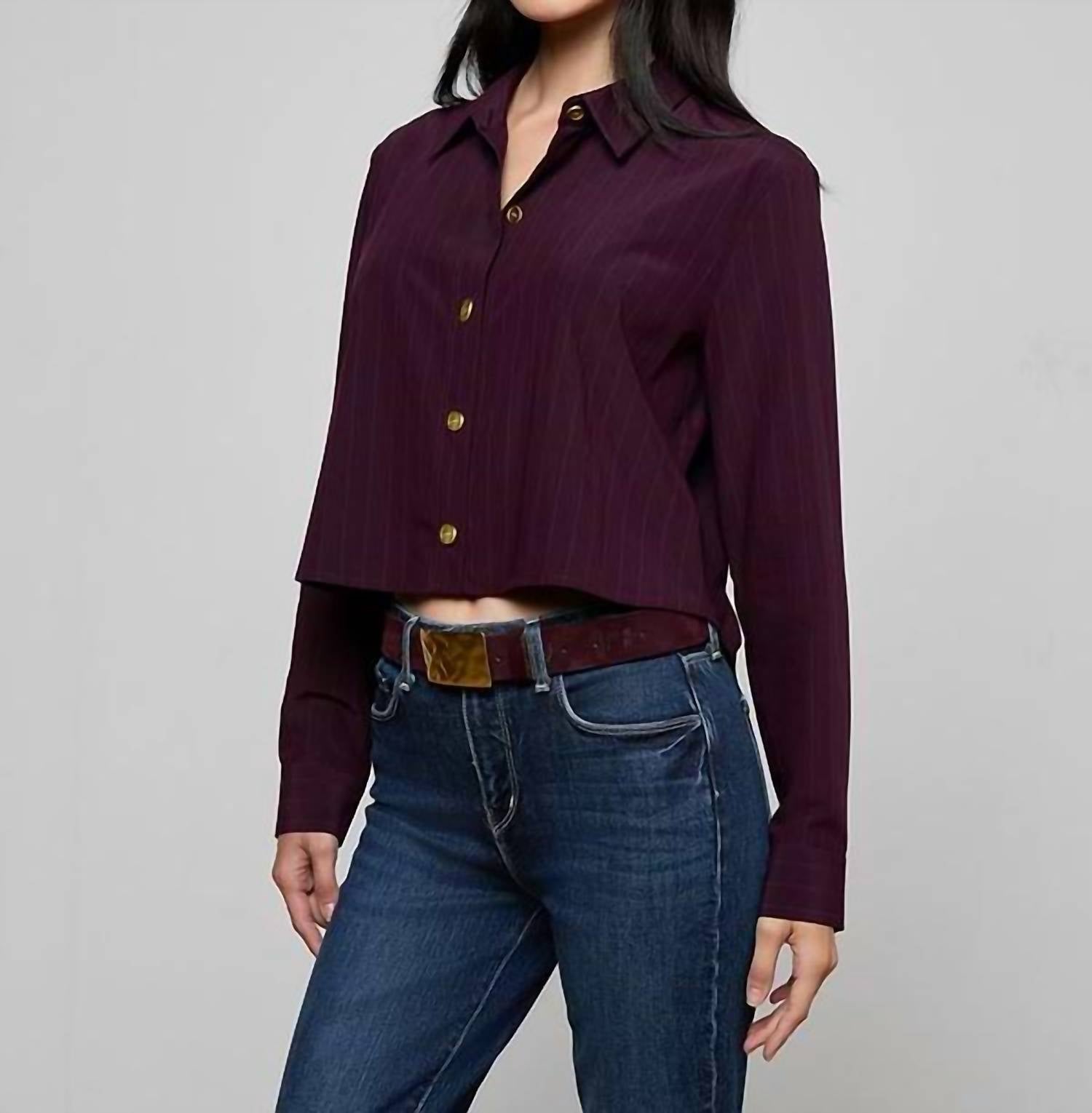 L'Agence Cosette Crop Hi Low Triped Shirt in dark malbec pinstripe - women's shirt - alternate view