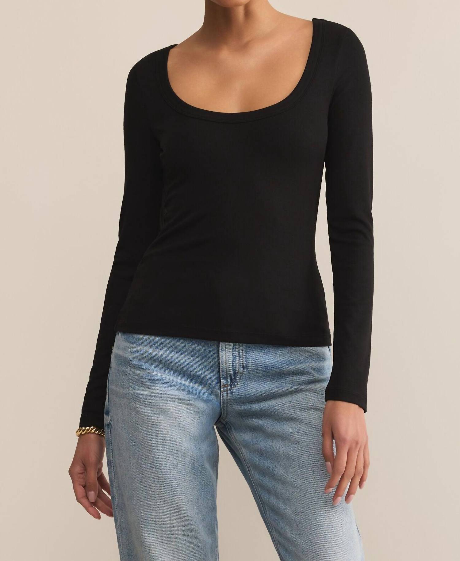 Z Supply Second Skin Scoop Neck Top in black 2 - women's long sleeve top - detail view